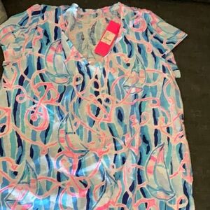 NWT LILLY PULITZER ETTA VNECK TSHIRT SKIM BLUE REAL NAUTI LARGE cotton